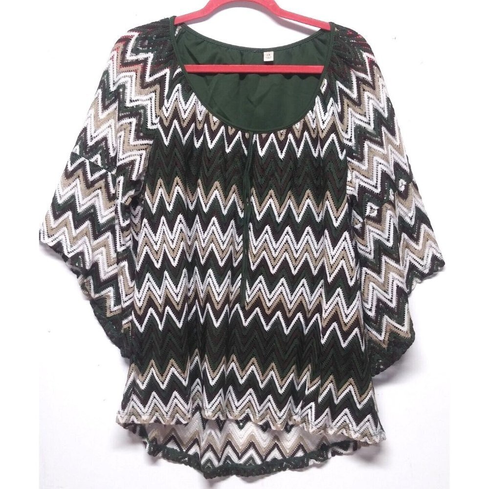 Tacera Women's Top 2X/3X Multi-Color Chevron Zig-Zag net semi-sheer bell sleeve